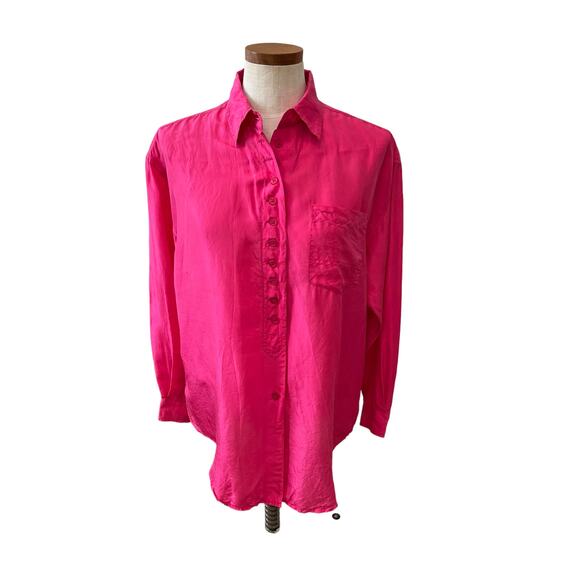 Vintage Silk Long Sleeve button down Top Hot Pink M - Picture 1 of 6